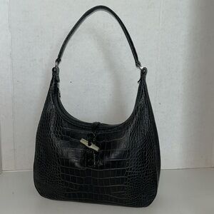 Longchamp black croc embossed leather hobo shoulder bag